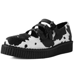 TUK Footwear Black & White Cow Print 3-Strap Pointed Mary Jane Creeper Size 8